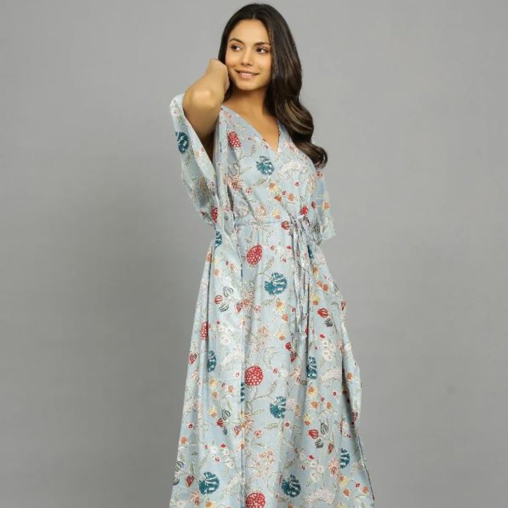 Flower Hand Block Print Sleepwear Maxi Dress Kaftan Women Dress Long Caftan
